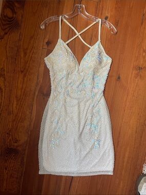 Beaded Ivory Mini Dress with Crisscross Straps